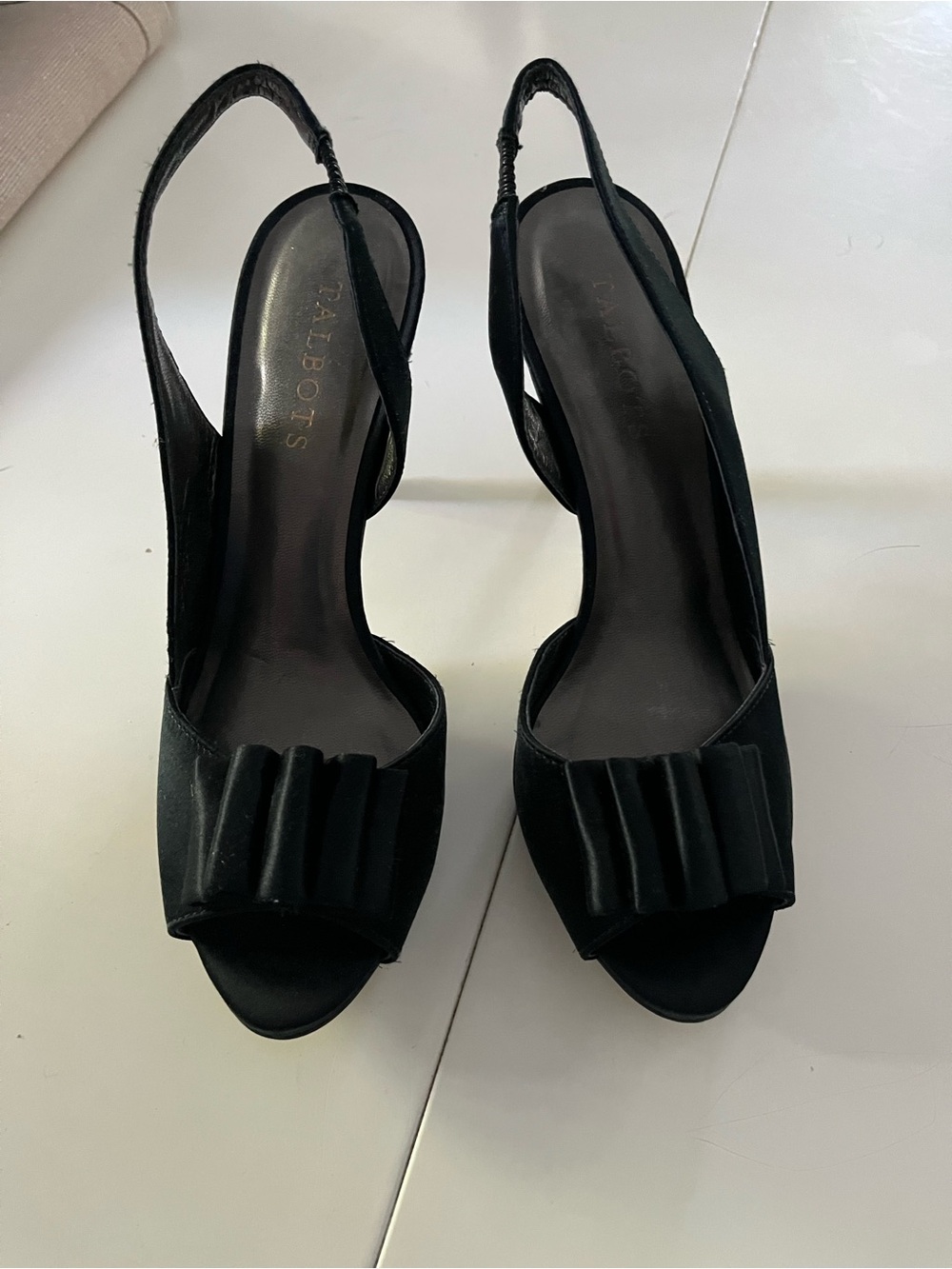 Talbots Black Peep-Toe Slingback Heels with Pleated Bow Accent